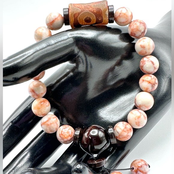 RED VEIN JASPER + 3 EYE TIBETAN AGATE NATURAL BRACELET size 7” - Picture 4 of 8